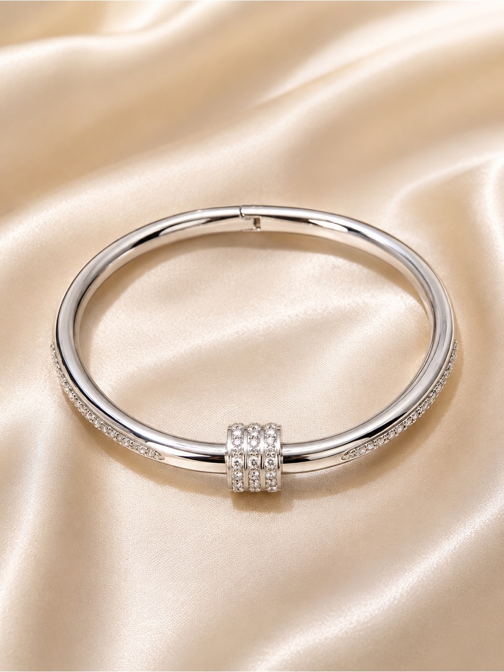 Sterling Silver Crystal Accent Hinged Bangle Bracelet - Silver